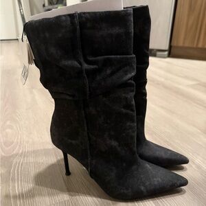 Zara Booties Black Ash Denim Pointed-Toe Stiletto Boots - Women's